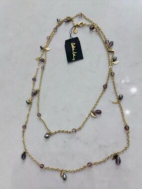 NWT Cookie Lee Purple Bead & Gold Leaf Long Strand Chain Signed Necklace